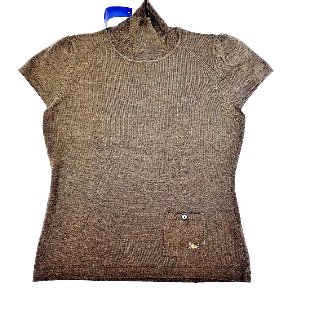 BURBERRY Women's Short Sleeve Knit Dark Green Turtleneck Sweater SZ M Italy